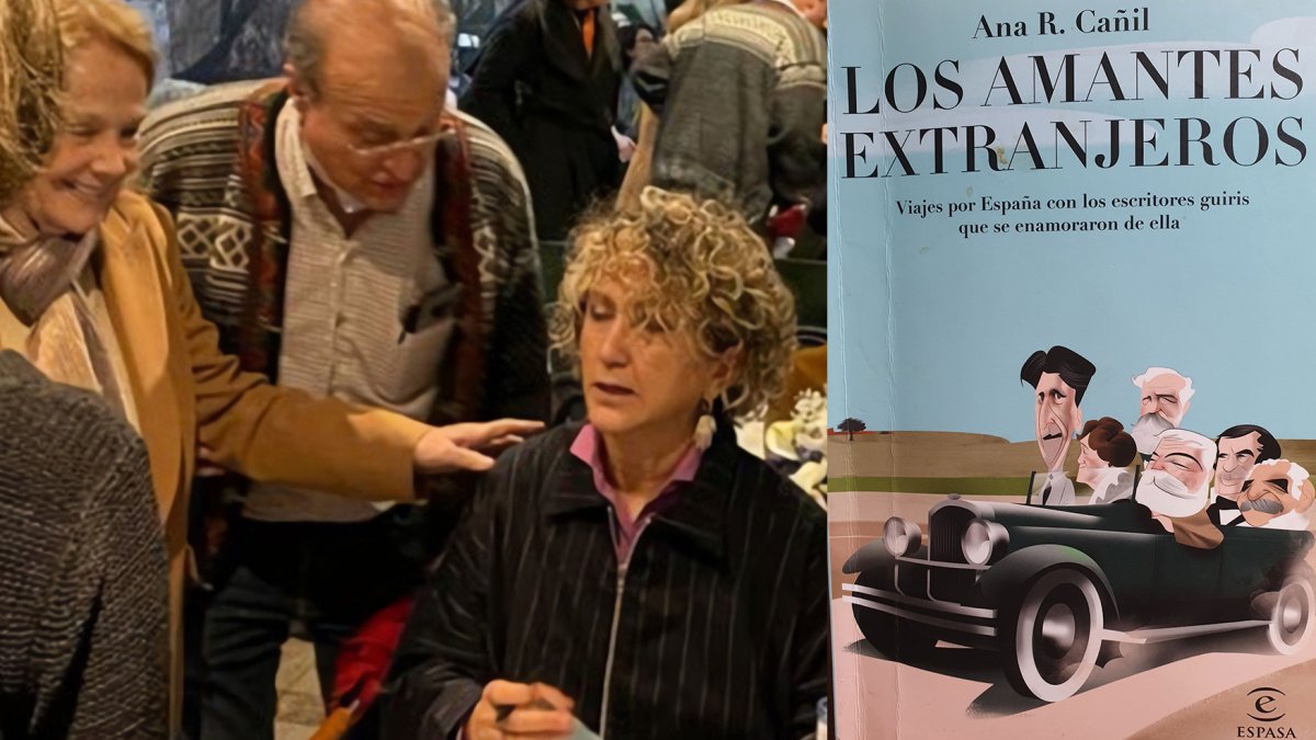 Ana Cañil firmando ejemplares de su libro, a la derecha la portada del libro.