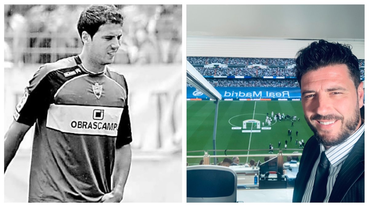 Cabrera como futbolista del Almería y ahora comentarista en Real Madrid TV.