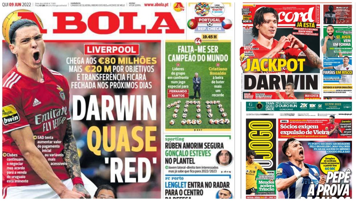 Las portadas de este jueves en la prensa de Portugal con Darwin Núñez.