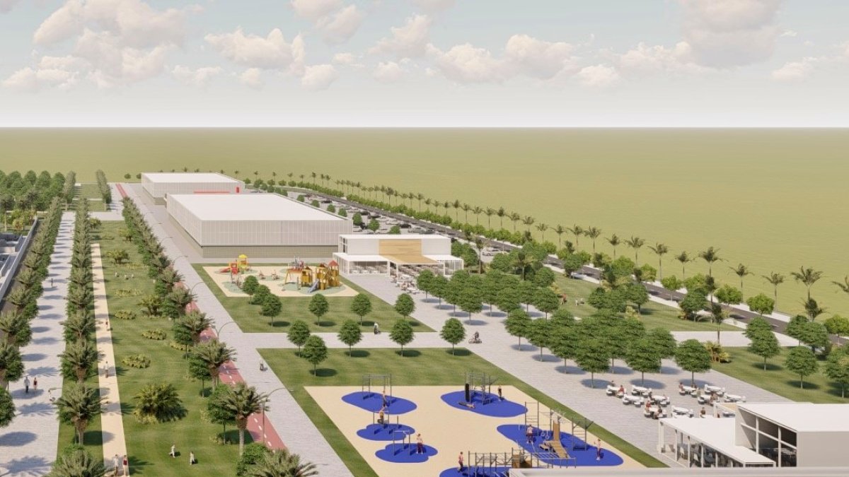 Recreación del futuro área comercial de El Toyo, con amplias zonas verdes, zonas de ocio, restauración, operadores comerciales y supermercados.