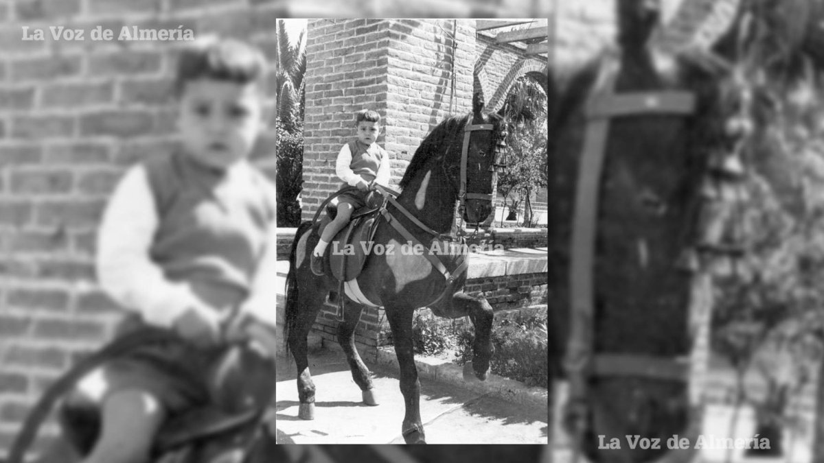 El niño Juan Manuel Sánchez, de la calle Alborán, en el majestuoso caballo de cartón que el retratista instalaba en el Parque.