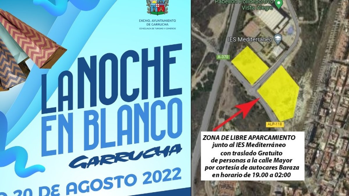 Cartel de la Noche en Blanco junto a un mapa explicativo de la zona de aparcamiento.