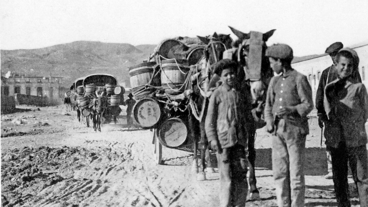Niños al frente de una caravana de carros.