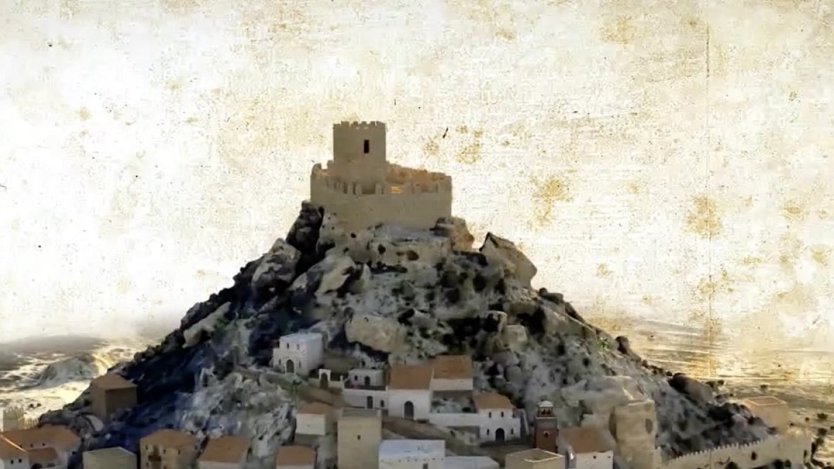 Detalle del cartel con el cerro del Espíritu Santo de Vera.