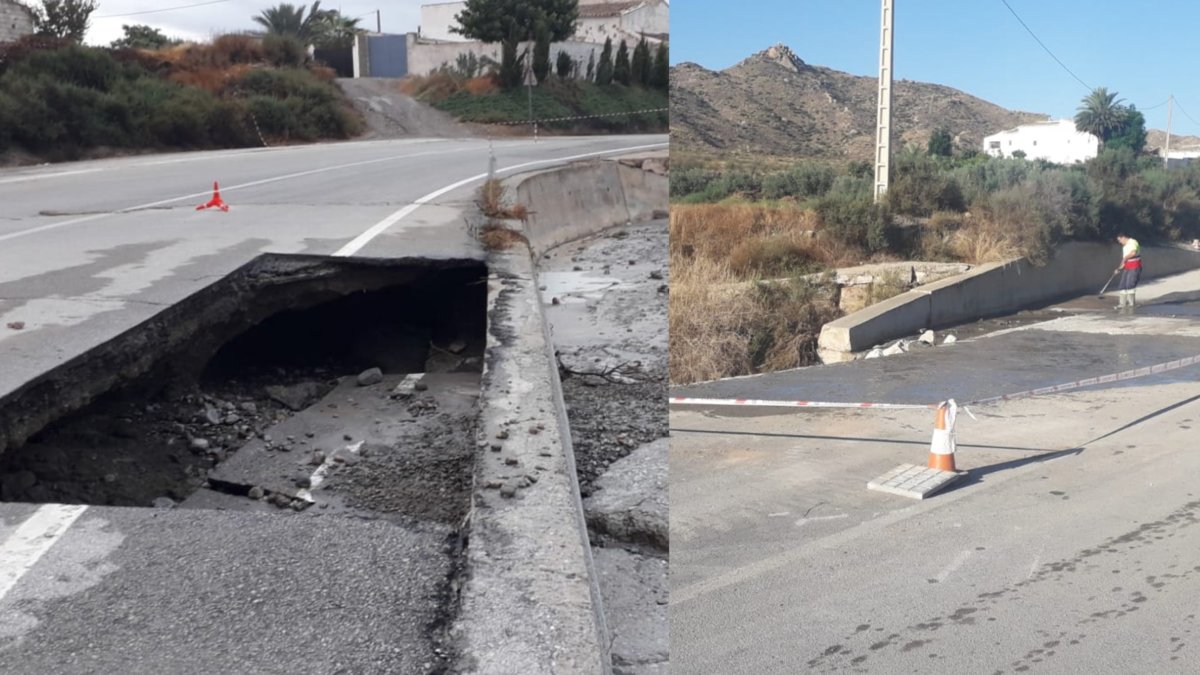 El antes y el después del socavón en la AL-9105 de Huércal-Overa.