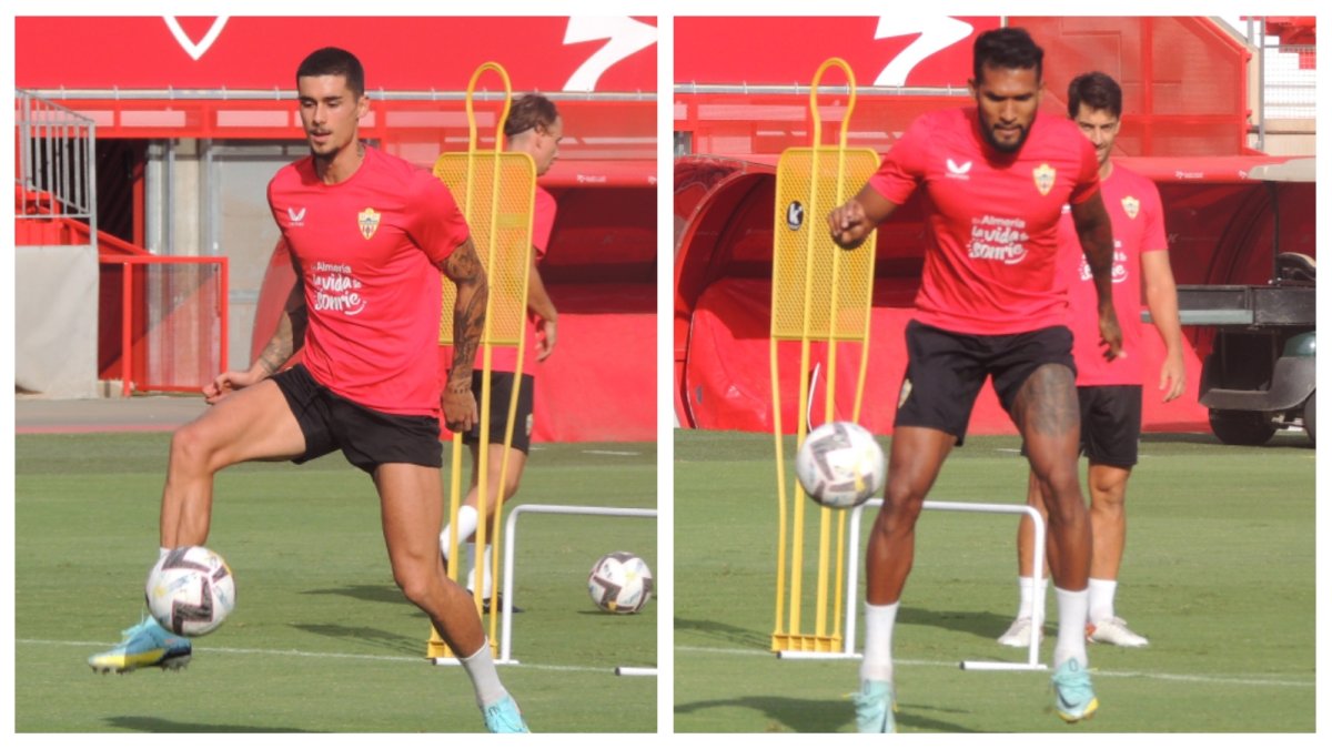 Chumi y Sousa en el entrenamiento de este miércoles en el Estadio.