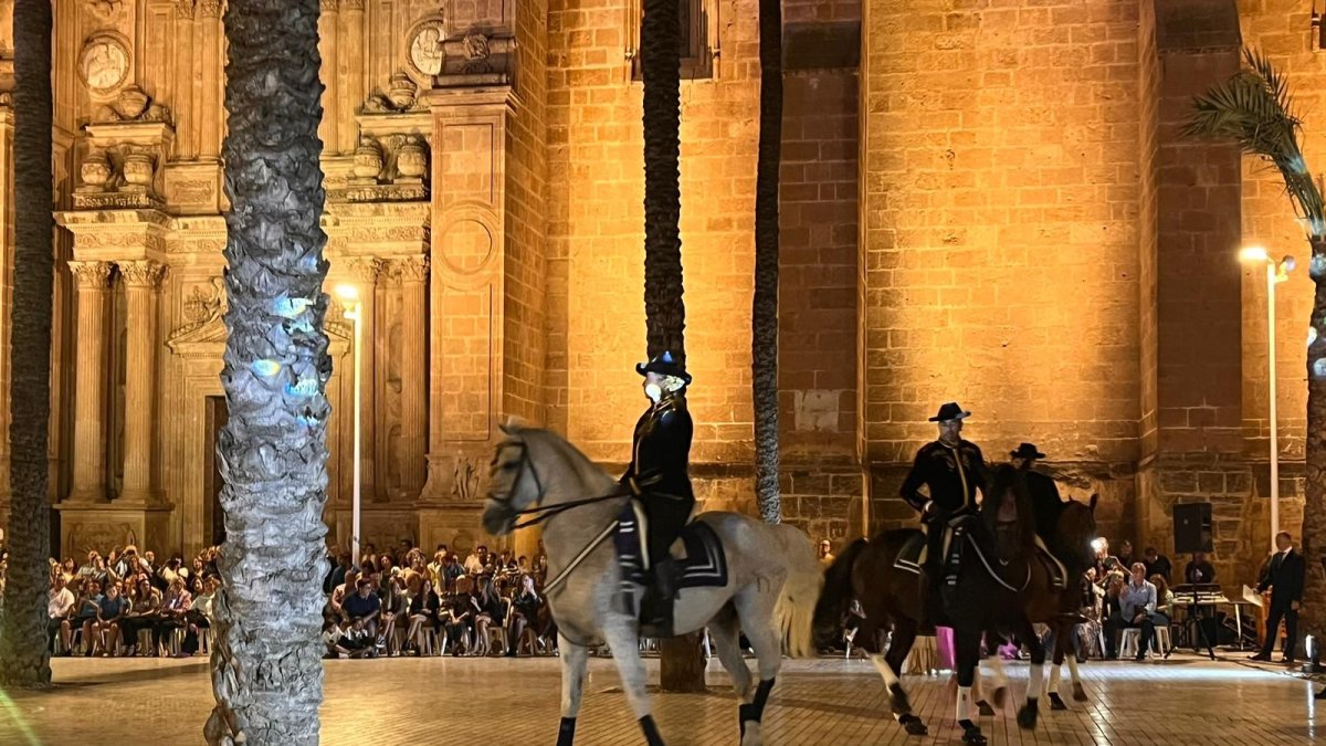 Varios caballos desfilan en la Plaza de la Catedral, este sábado.