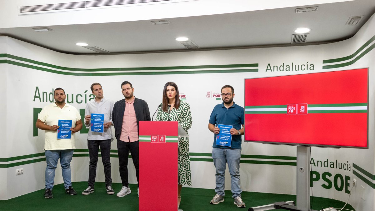 Noemí Cruz, ante el atril, en la rueda de prensa ofrecida ayer en la sede del PSOE.