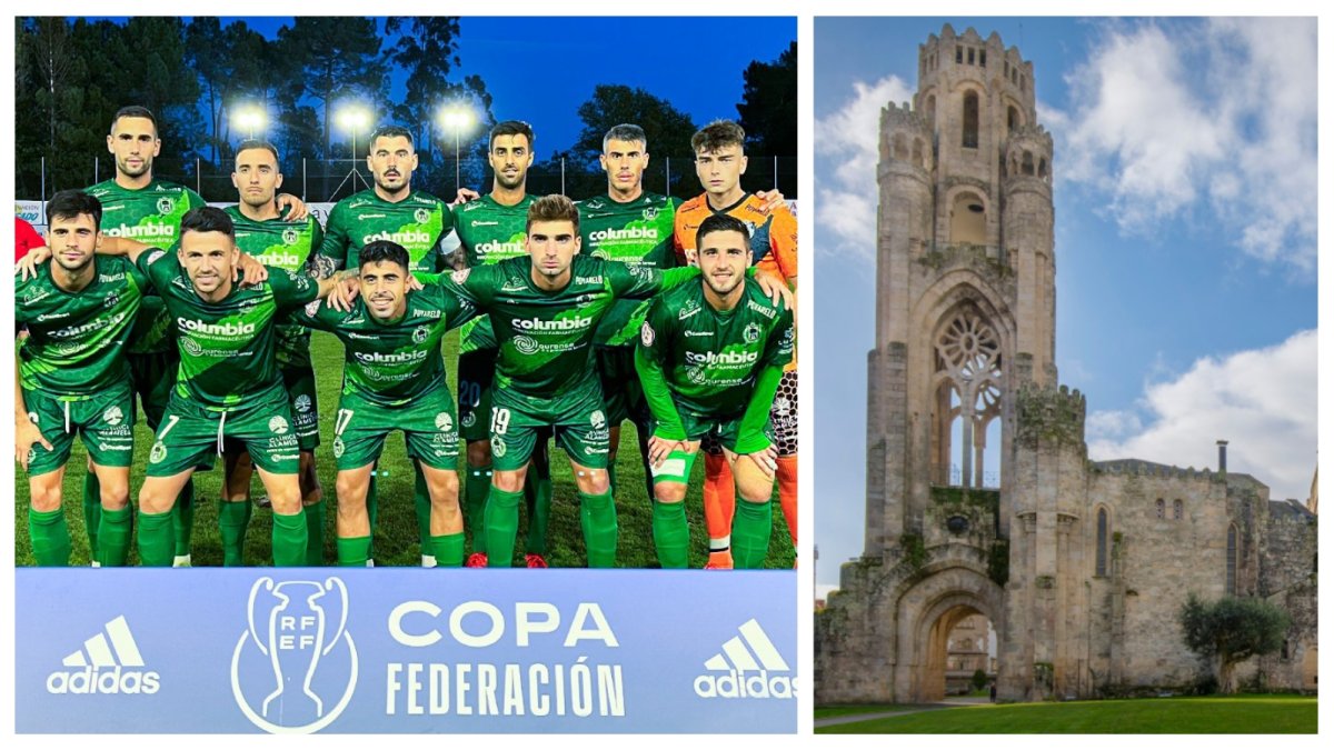 El CD Arenteiro y el Templo de la Veracruz, uno de los símbolos de O Carballiño.