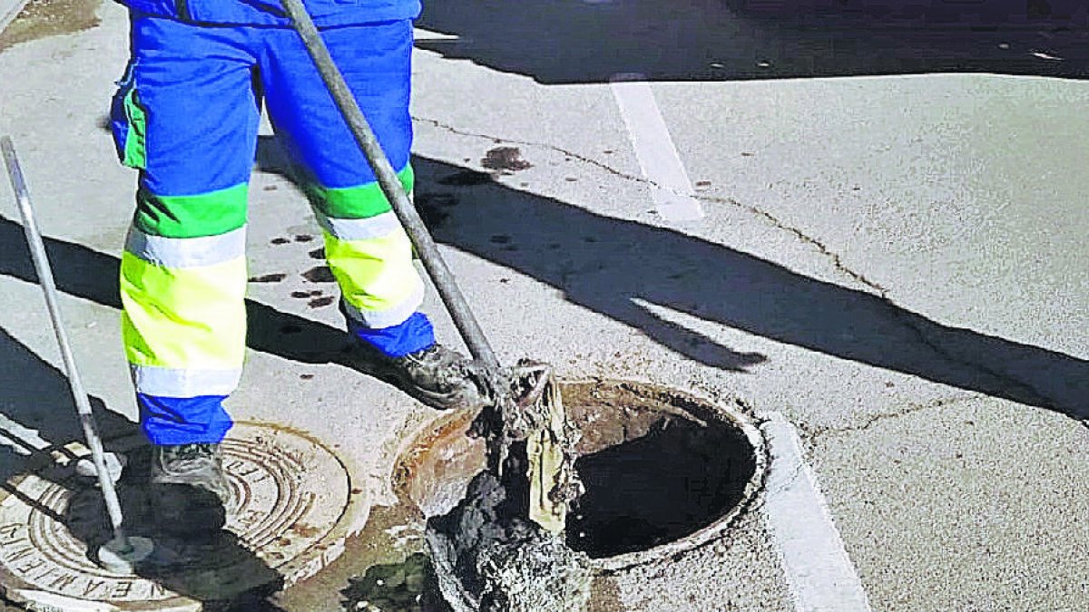 Un técnico de Aqualia recoge toallitas.