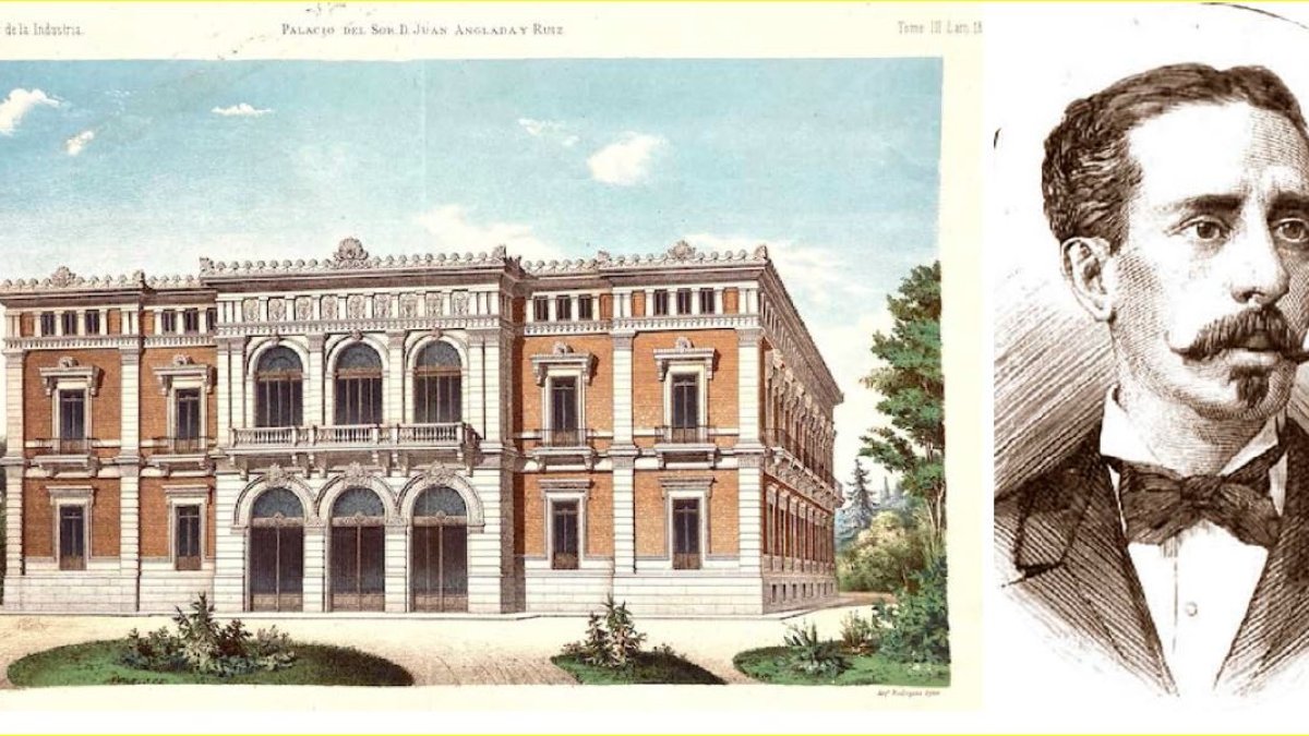 Lámina coloreada de la fachada principal del Palacio Anglada de Madrid (1878); Retrato de Juan Anglada Ruiz.
