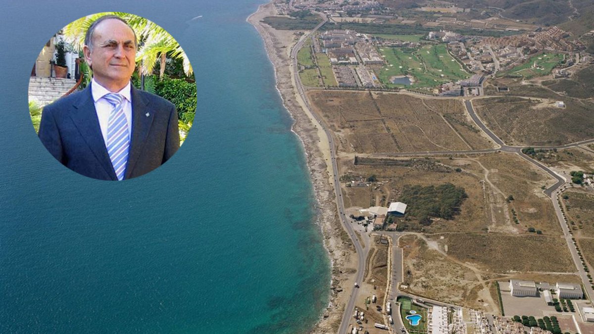 Visión panorámica del predio aún sin urbanizar junto a la imagen de José María Caballé, propietario.