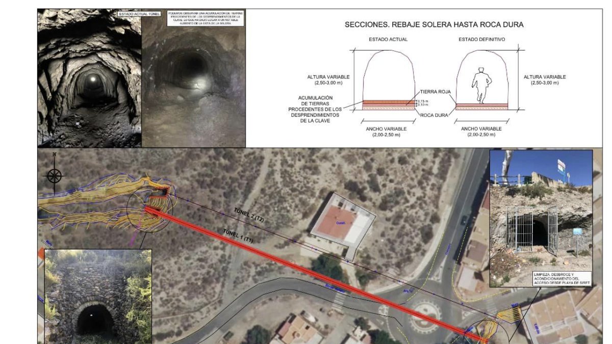 Imágenes de las actuaciones que se llevarán a cabo para rehabilitar el túnel minero en Villaricos.