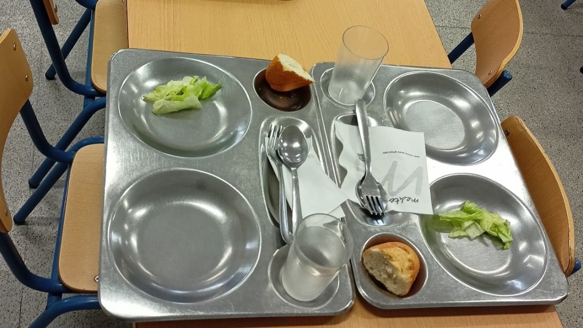 \'Ensalada completa\', formada por unos trozos de lechuga, y \'bollos\' de pan del menú, en una foto enviada por los padres del colegio.