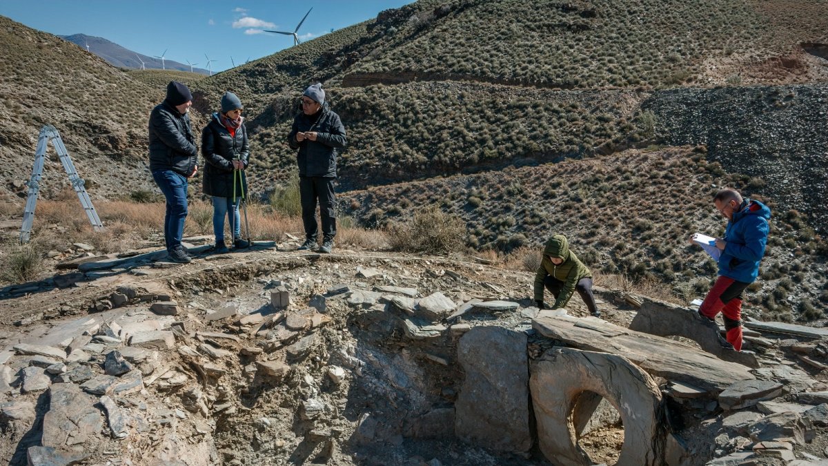 Gonzalo Aranda, de pie en el centro, con otros investigadores en el yacimiento. Foto: PACO MANZANO.