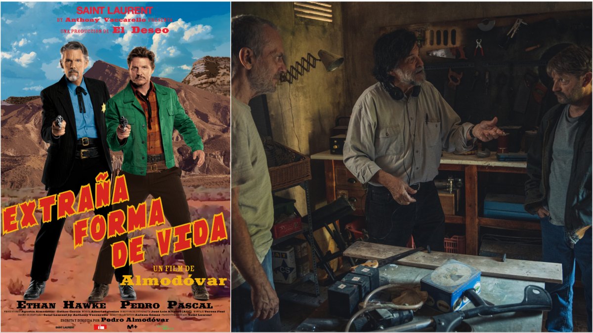 El cartel del corto de Almodóvar y Víctor Erice dirigiendo a José Coronado y Manolo Solo. Fotos: El Deseo / Manolo Pavón.
