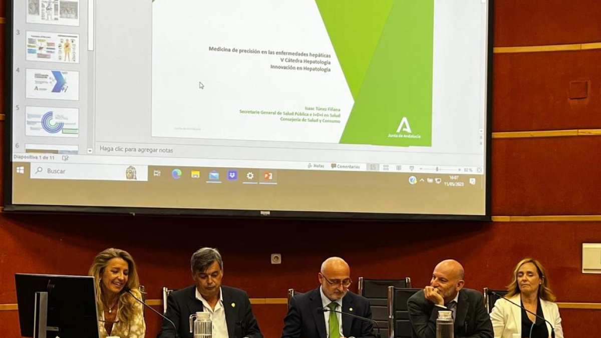 Marta Casado, hepatóloga de Torrecárdenas, primera por la izquierda, durante su intervención en las jornadas de Sevilla.