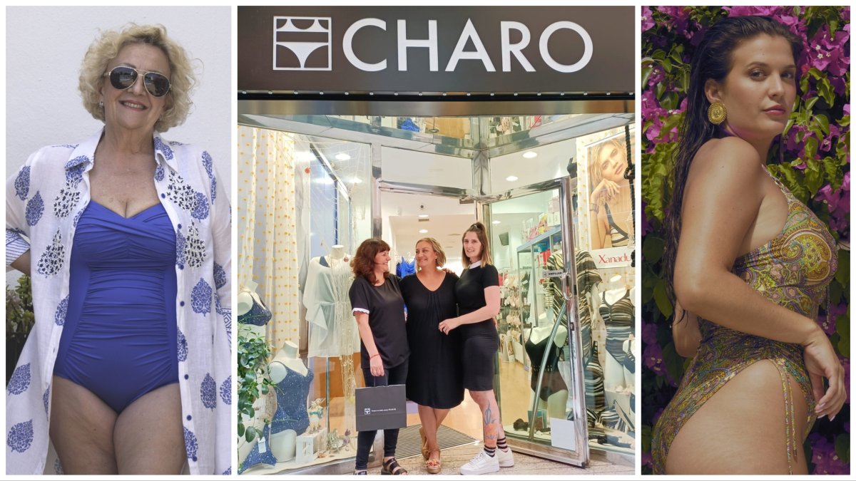 Juani, Eva y Lucía, frente a la entrada de Lencería Charo. A ambos lados, Charo y Eva, dos de las modelos del anuncio.