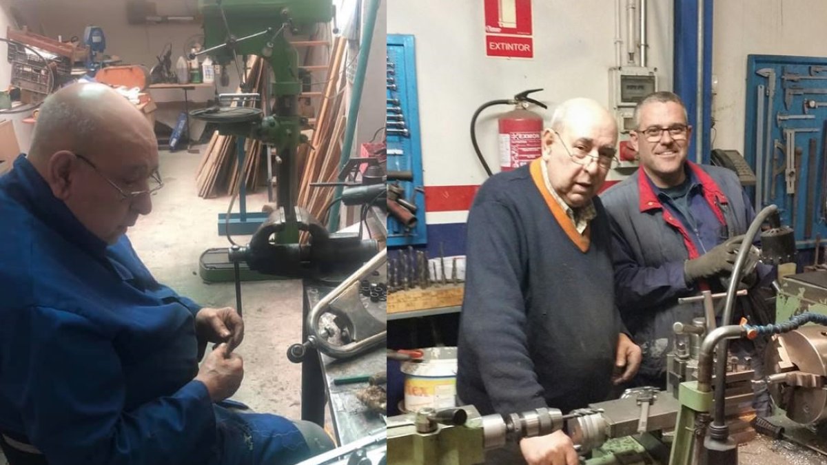 Cristóbal Salvador, a la izquierda con el torno a sus más de 84 años y a la izquierda junto a su hijo Marcos.