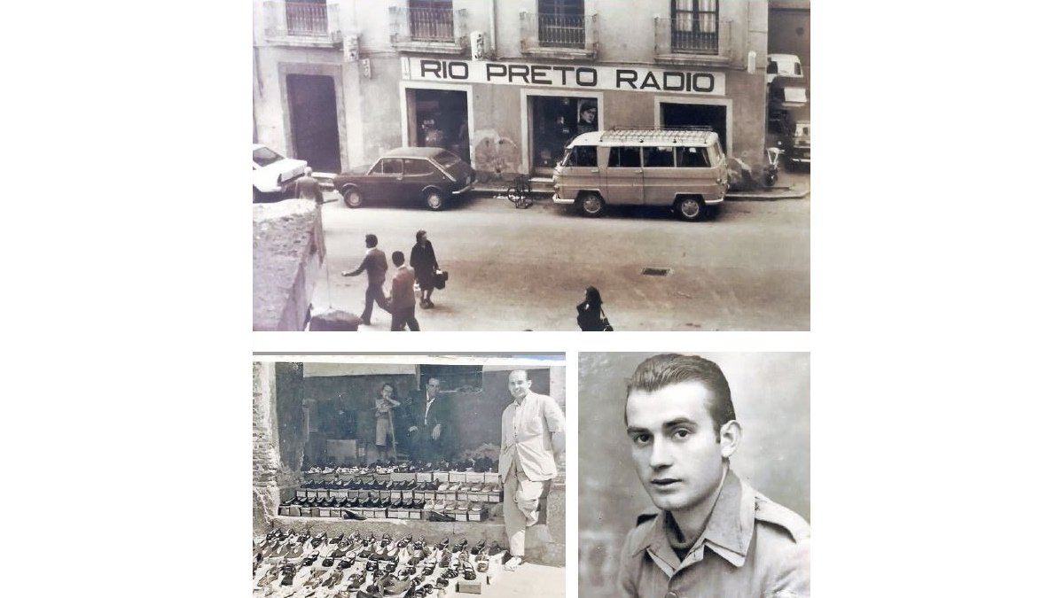 Río Preto abrió en 1962; debajo, Andrés Felices vendiendo zapatos en Brasil y un retrato de juventud.