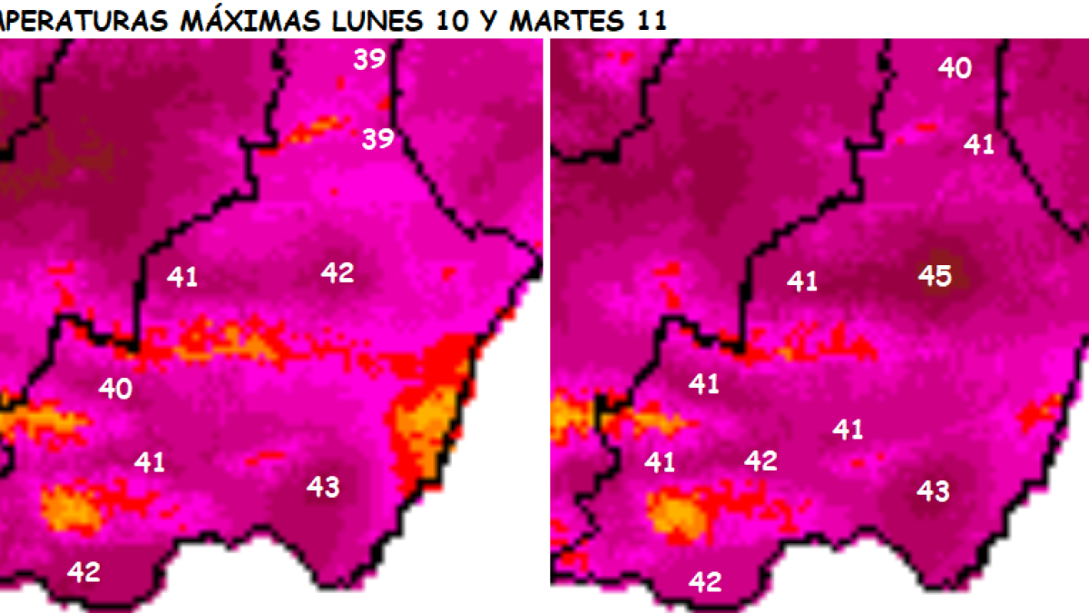 Temperaturas máximas previstas durante este lunes y martes en la provincia.