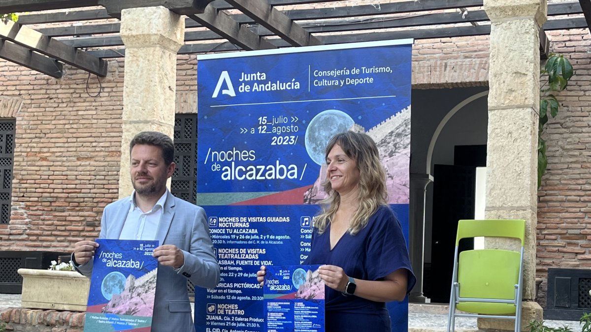 José Ángel Vélez y Gema Embí Najar posando con los carteles promocionales