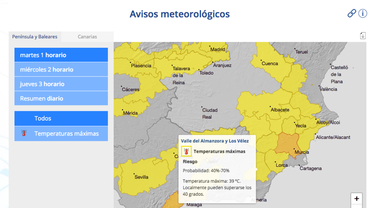 Mapa de alerta en la provincia de Almería