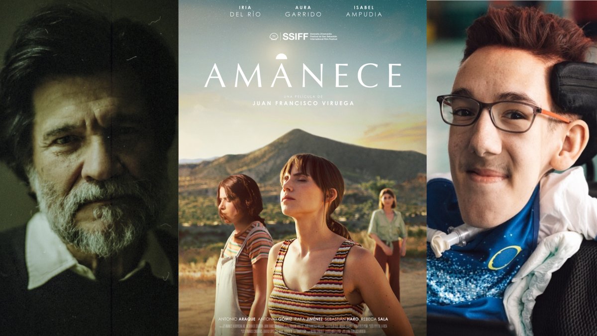 Víctor Erice, cartel de la película ‘Amanece’ y Brian Albacete Oliver, Brianeitor2002. Foto: La Voz / Festival de Cine de San Sebastián.