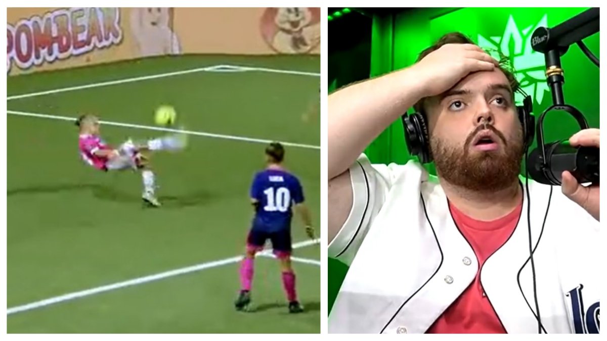 La \'chilena\' de Aarón Herrero y la reacción de su presidente Ibai Llanos desde la cabina.