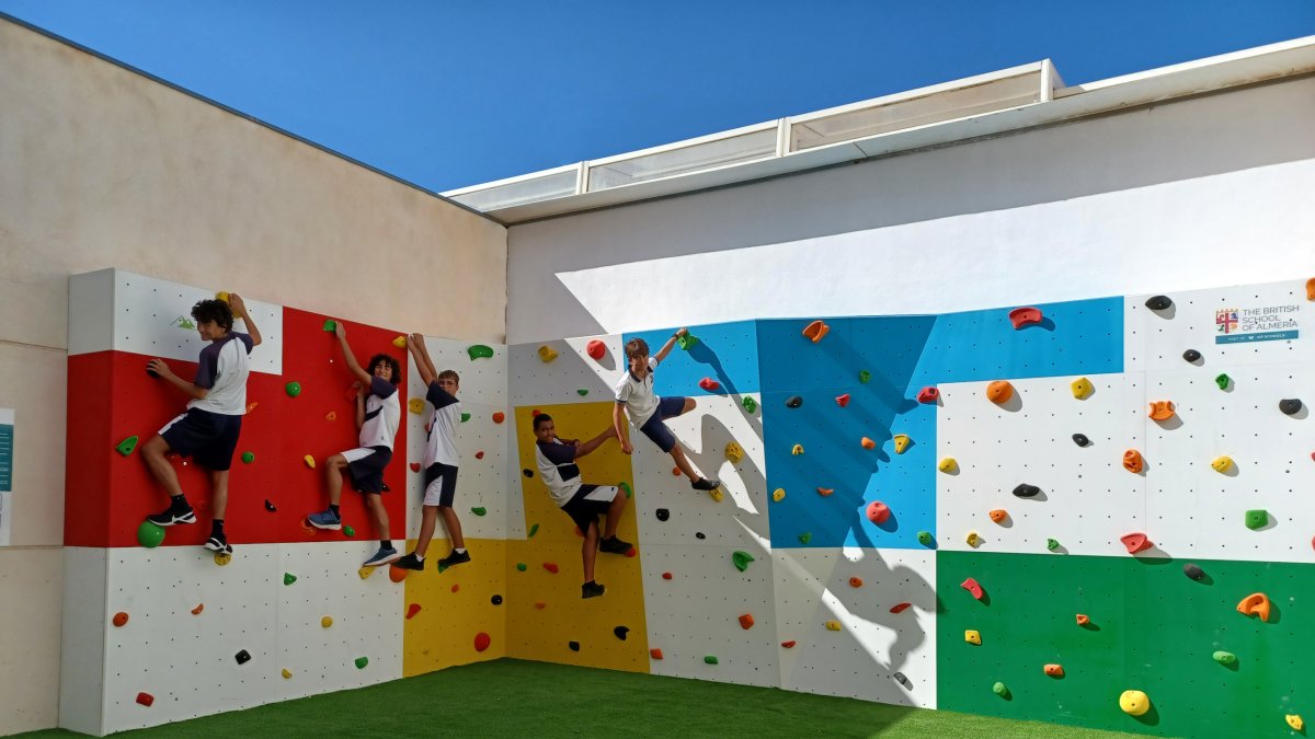 Alumnos de BSA escalando en el rocódromo del colegio.