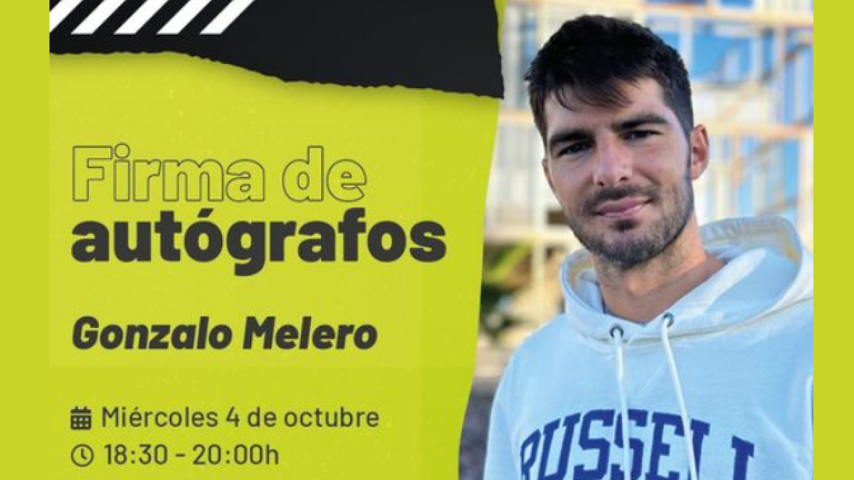 El cartel que anuncia la visita de Gonzalo Melero a la tienda Base Deportes Blanes de Obispo Orberá.