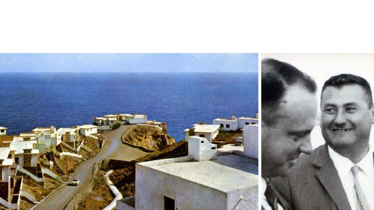 Castell del Rey en una imagen de los años 70; a la derecha Fraga y Fernando Cassinello en la urbanización en 1966.