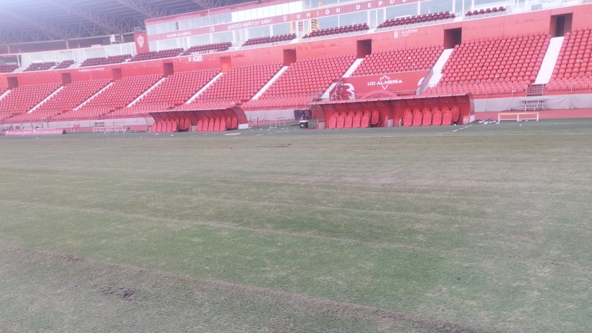 Así ha amanecido este lunes el césped del Estadio de los Juegos Mediterráneos.