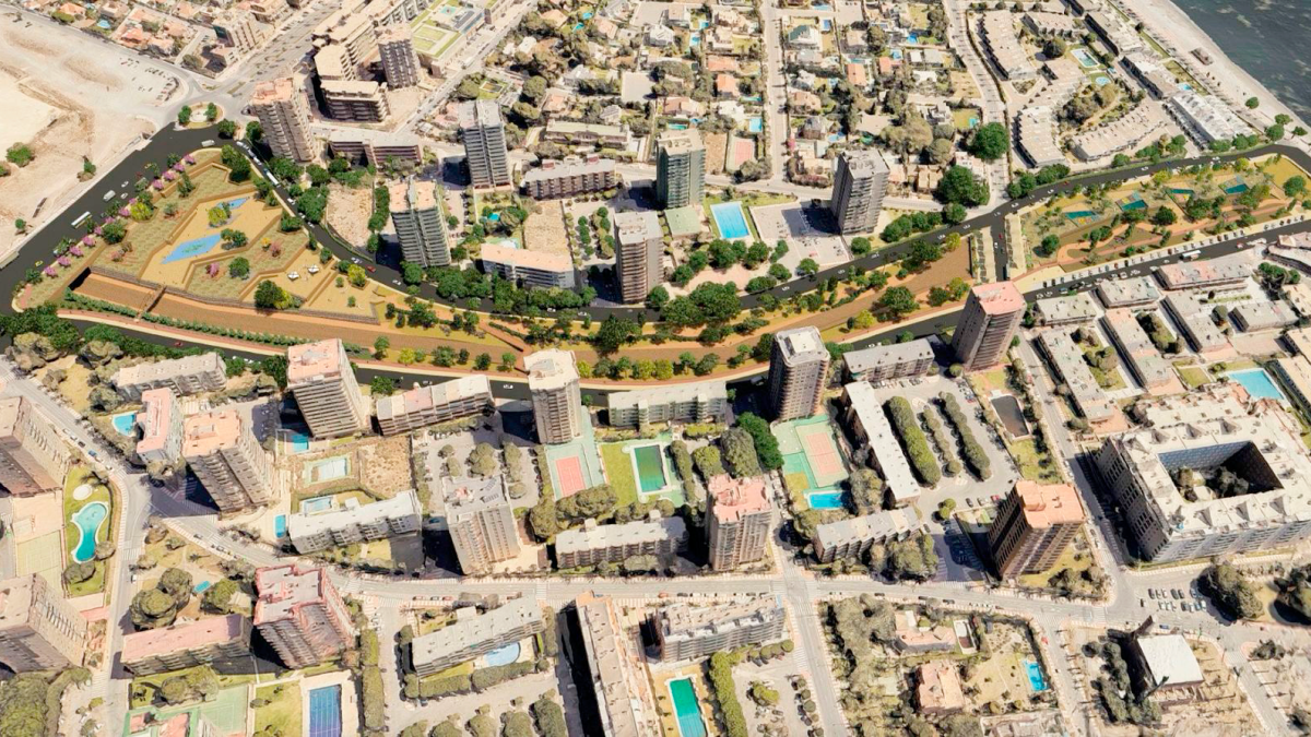 Vista aéra del proyecto de remodelación, adecuación y renaturalización de la Rambla de San Antonio de Aguadulce.
