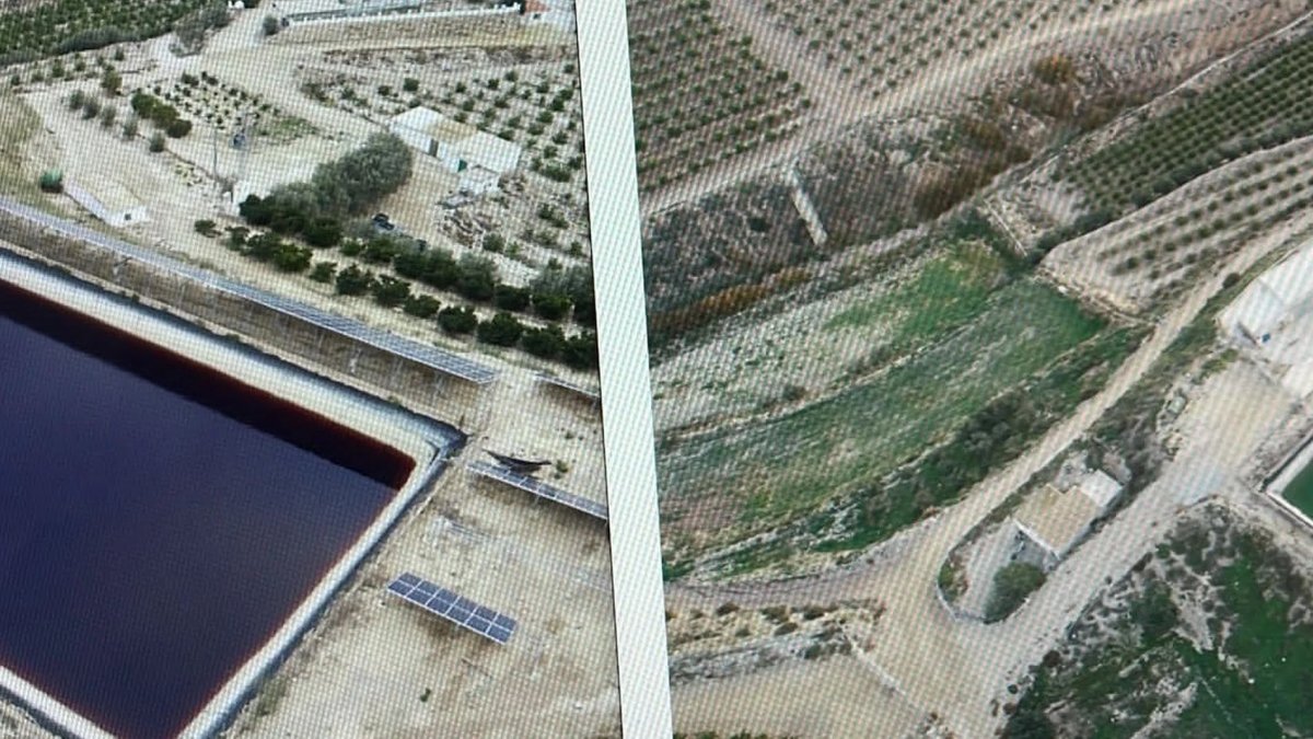 Imágenes entregadas al juzgado por la comunidad con el presunto colorante (izquierda) en una de las balsas fotografiadas.