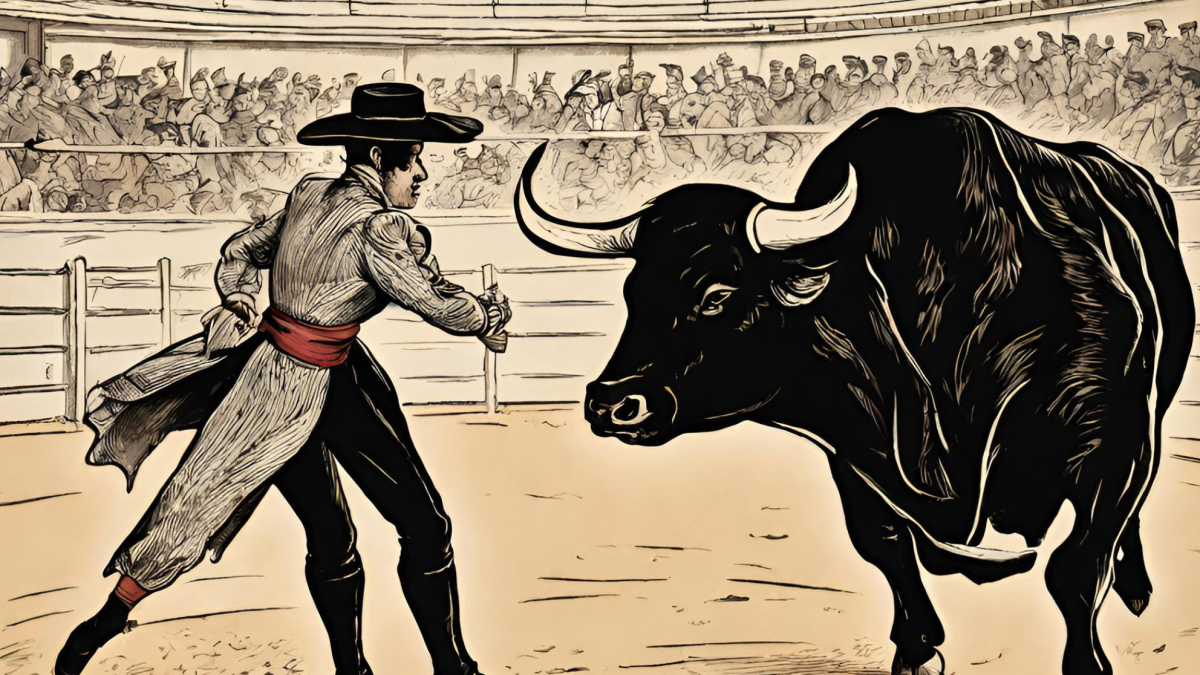 Un torero frente a un toro en 1880, en una ilustración generada artificialmente.