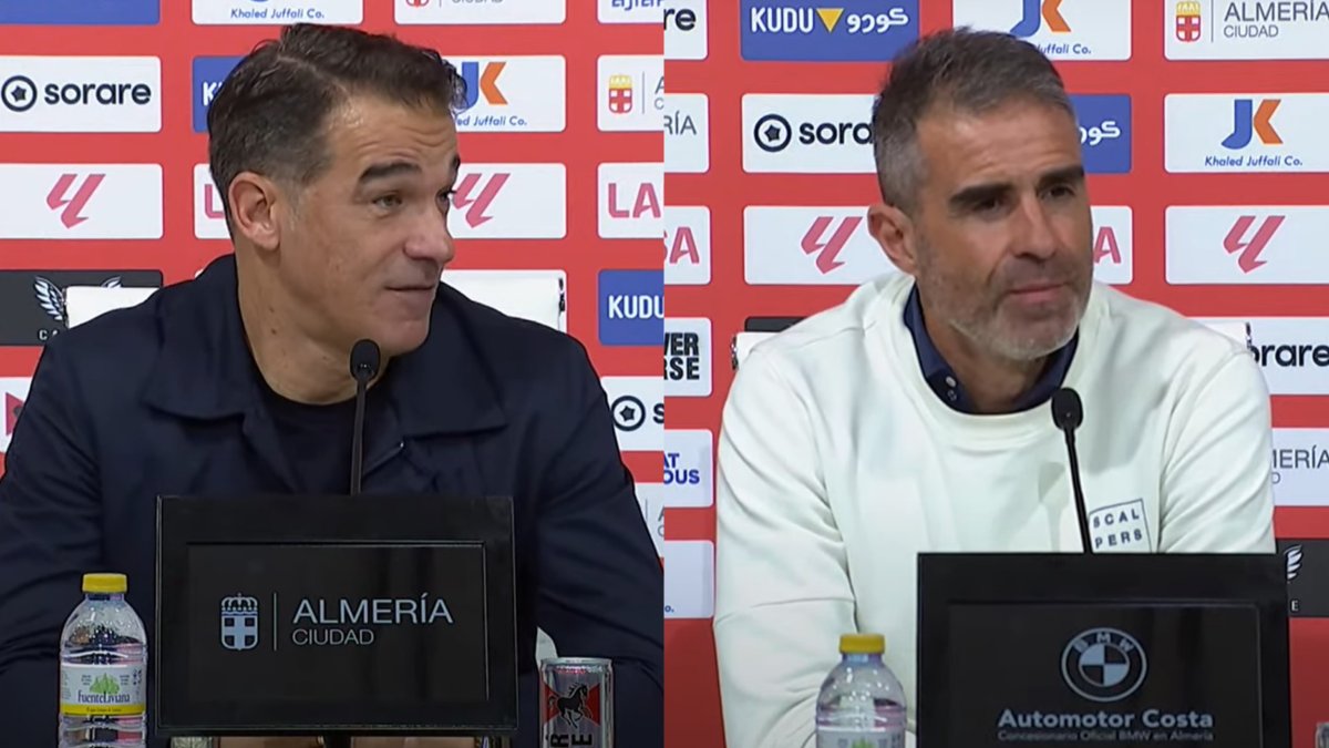 Luis García Plaza y Gaizka Garitano a su paso por la sala de prensa del Mediterráneo.