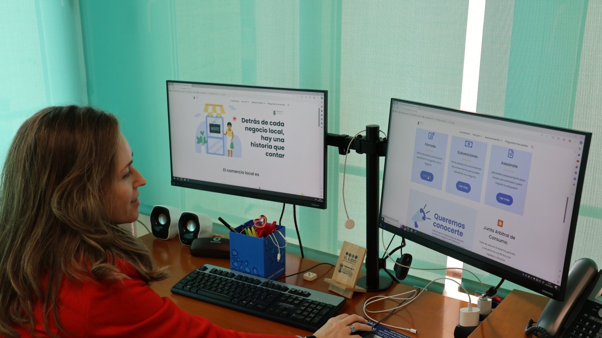 La edil de Comercio de El Ejido comprobando el diseño de la nueva web de su área.