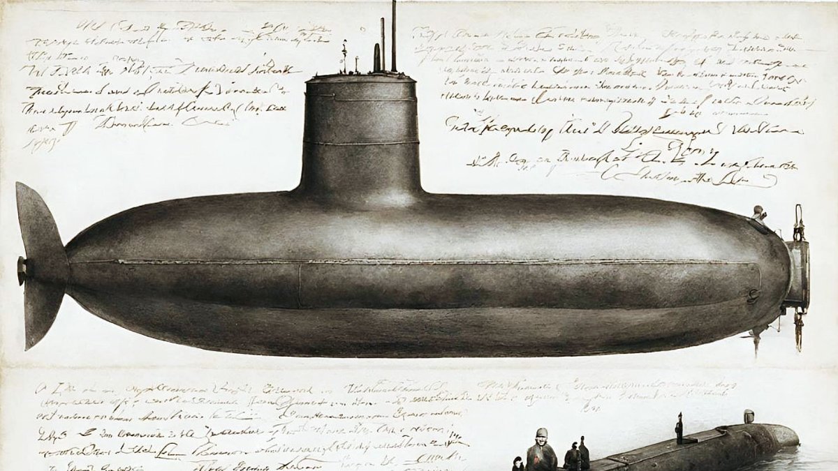 Imagen generada con inteligencia artificial que refleja una carta y el submarino de Isaac Peral.