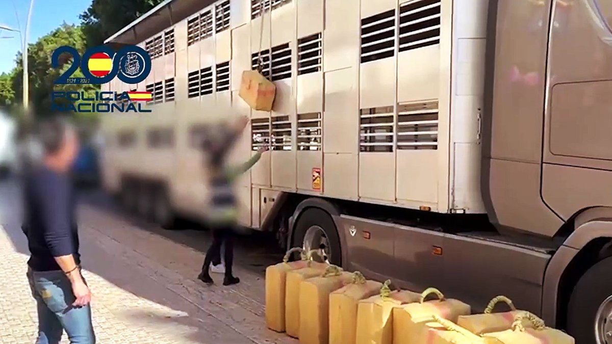 La Policía Nacional descargando los fardos de hachís encontrados dentro del tráiler.