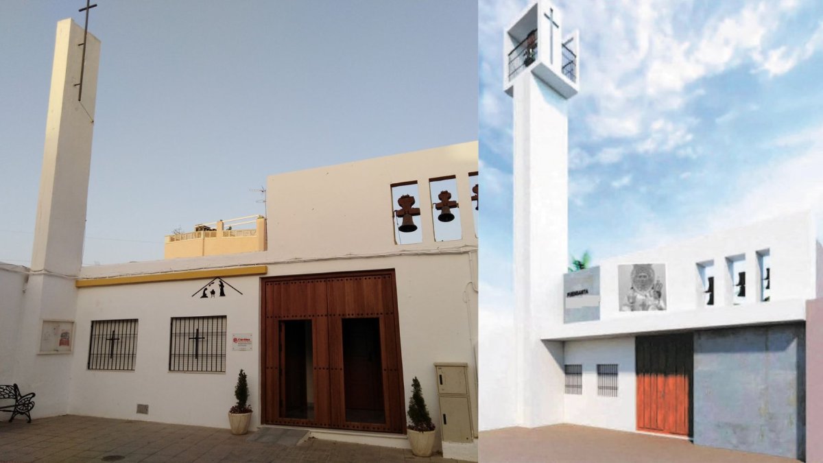 A la derecha, proyecto de la nueva torre para la iglesia de la Fuensanta de Huércal de Almería.