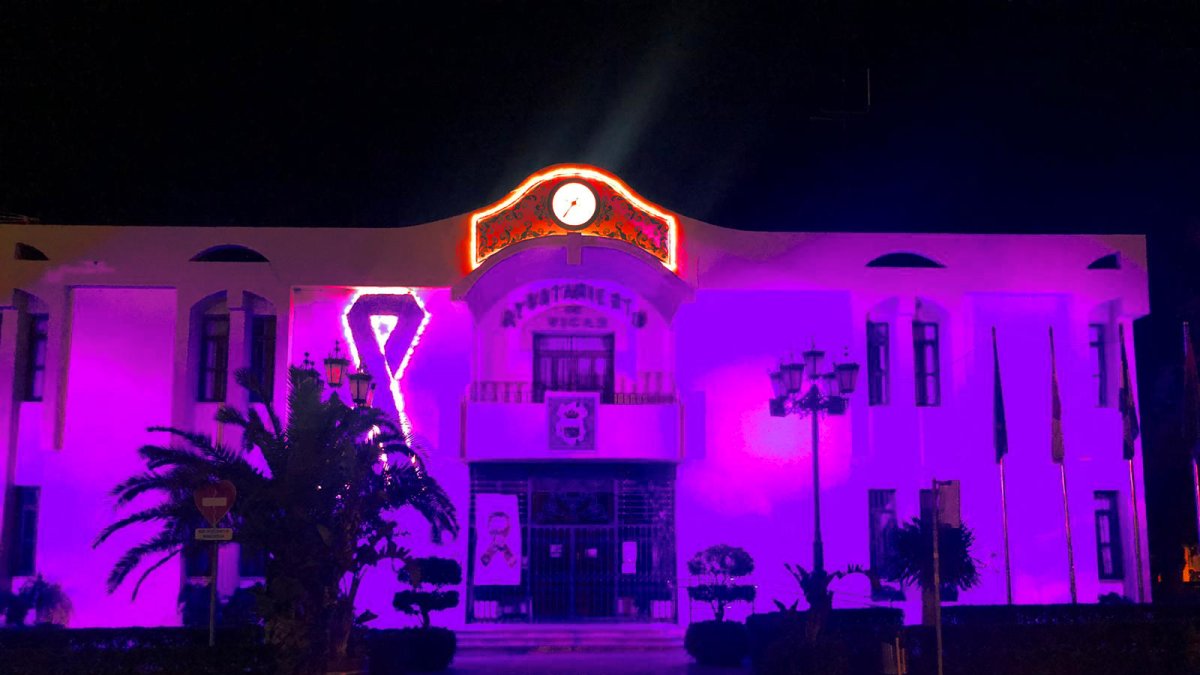 La fachada del ayuntamiento de Vícar iluminada de morado.