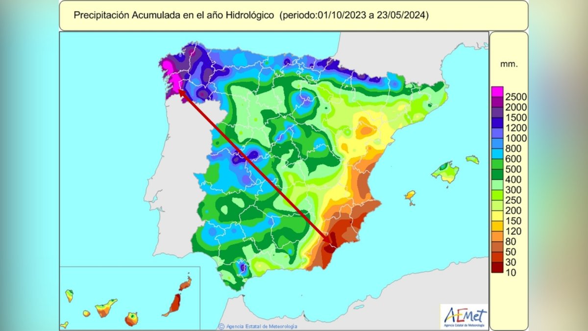 El mapa de España con el balance del año hidrológico y los peligrosos registros que presentan Almería y Murcia.