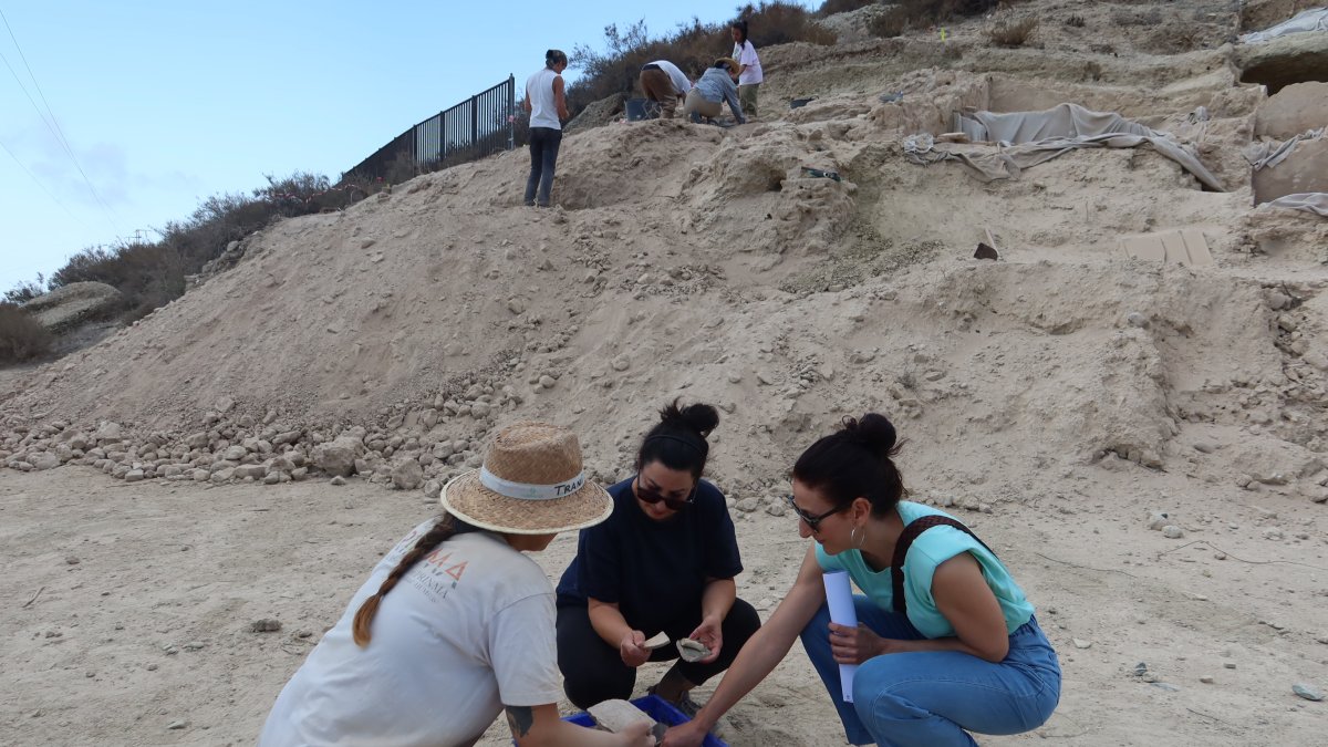 La edil e investigadores supervisando restos cerámicos encontrados.