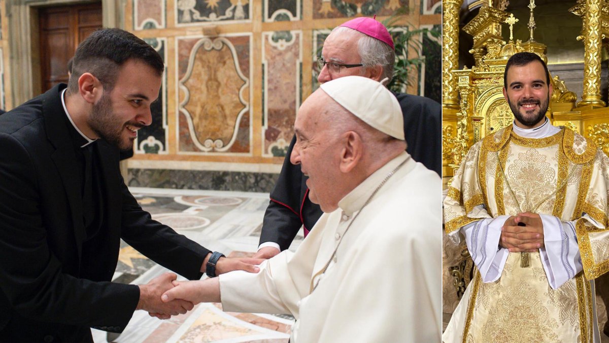 A la izquierda, Benavides Fernández con el Papa Francisco; a la derecha, en el Santuario de la Virgen del Mar.