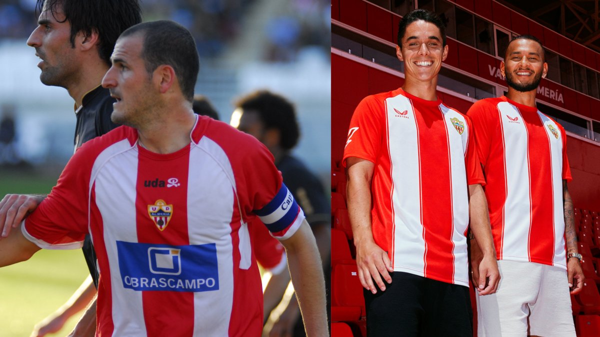 Fernando Soriano con la camiseta de la 2007-2008 y la actual de Castore con Sergio Arribas y Luis Suárez.