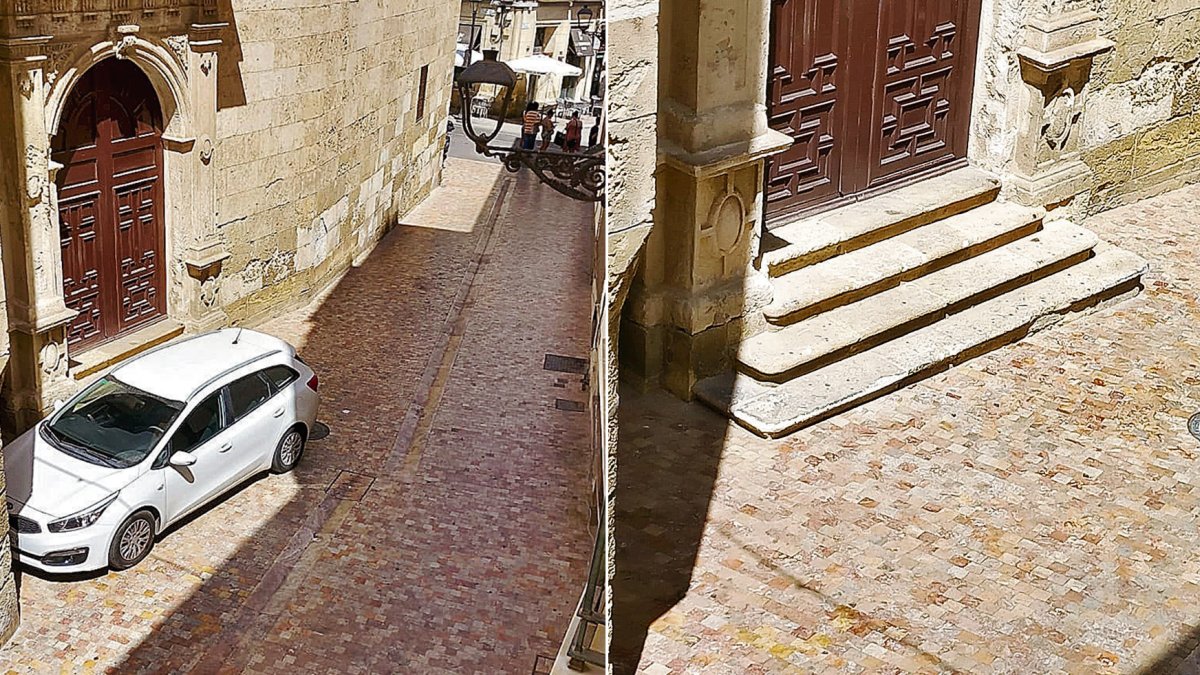 Aparcamiento improvisado en la calle Mariana y, a la derecha, desperfectos en las escaleras de las Claras.