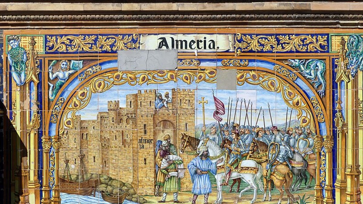 Banco que representa la toma de Almería, en la Plaza de España de Sevilla.