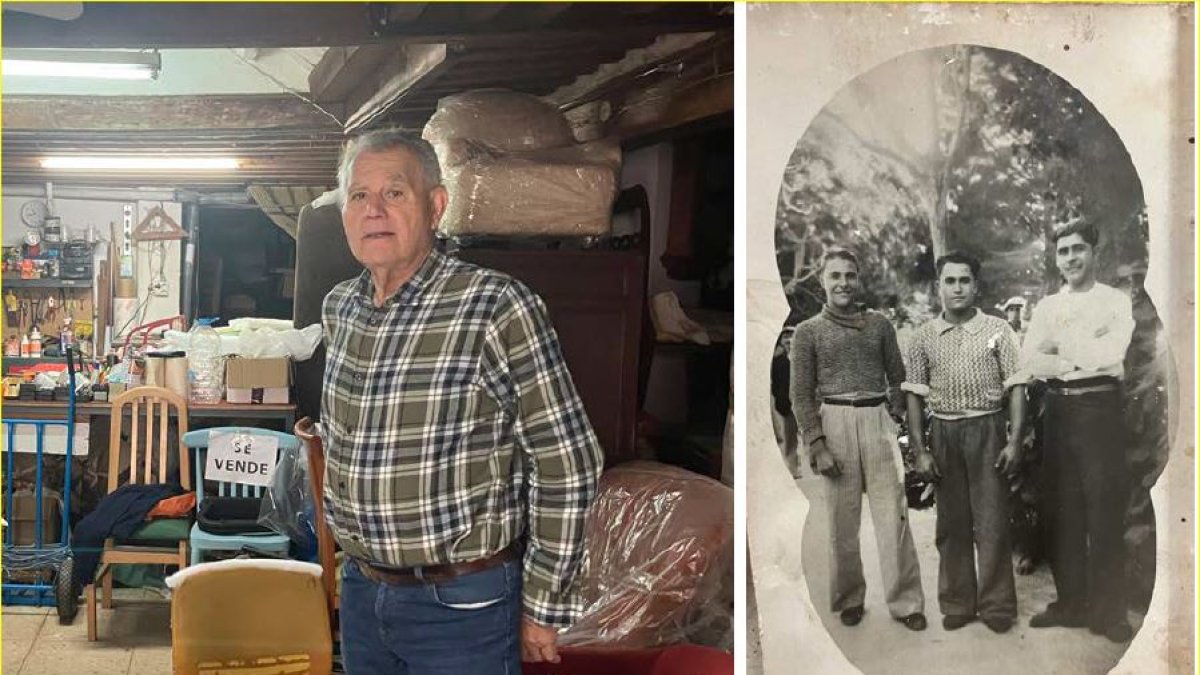 Jesús Marín Navarro, en su taller; a la derecha sus tíos Antonio, Juan (boxeador peso pluma) y Manuel Marín Sánchez, posando en el Parque.
