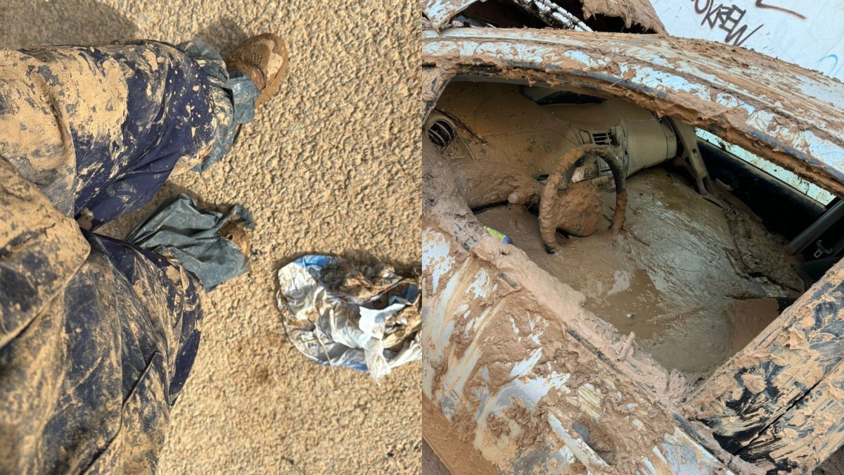 A la izquierda, Juan González Nieto lleno de barro; a la derecha, el interior de un coche afectado por la riada.